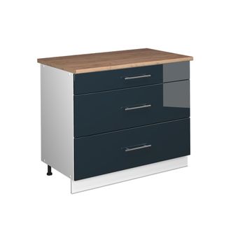 Vicco Mueble Bajo De Cocina Fame-line, Azul Oscuro Alto Brillo/blanco, 100 Cm, Et Roble, Vicco