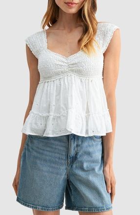 All in Favor Smocked Cap Sleeve Embroidered Cotton Top in Off White at Nordstrom, Size X-Large