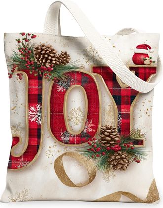 Generic Joyful Plaid Canvas Tote Bags, Pinecones Holiday Pattern Reusable Grocery Bags, Winter Lightweight Washable Shoulder Strap, Red, 13x15 Inch