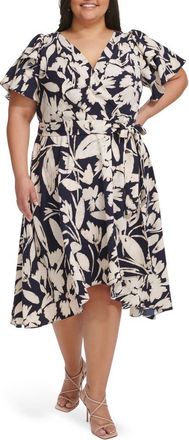 DKNY Double Flutter Sleeve Faux Wrap Dress in Spring Navy at Nordstrom Rack, Size 20W