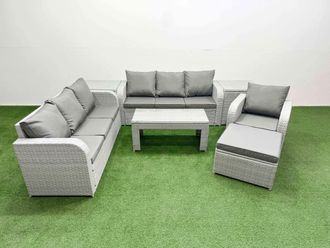 Fimous 8 Seater Poly Rattan Outdoor Garden Furniture Oblong Coffee Table Sofa Set Patio 3 Seater Sofa Reclining Chair 3 Seater Sofa Big Footstool 2