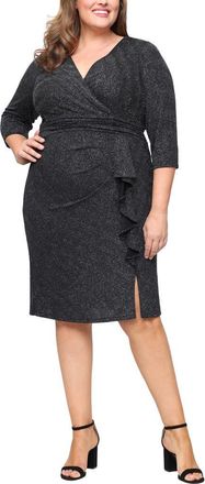 S.L. Fashions Ruffle Metallic Knit Cocktail Dress in Black at Nordstrom, Size 16W