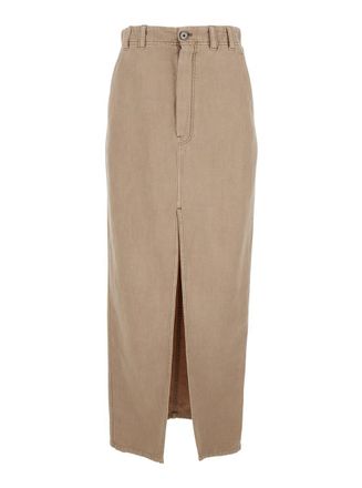 Brunello Cucinelli Beige Skirt With Front Slit And Monile Detail In Cotton And Linen Blend Woman