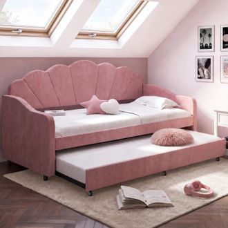 IDMarket Cama-sof&aacute; Extra&iacute;ble Con Forma De Concha Amanda, 2 X 90 X 190 Cm, Con 2 Somieres De Terciopelo Rosa Empolvado