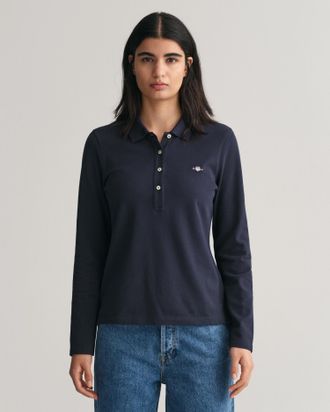GANT Langarm-Poloshirt GANT SLIM SHIELD LS PIQUE POLO, Damen, Gr. XL, blau (evening blau), Piqu&eacute;, Obermaterial: 100% Baumwolle, slim fit, Shirts Langarm-Po