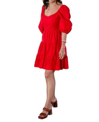 Skies Are Blue Clothing Davina Puff Sleeves Fit & Flare Eyelet Dress In Strawberry Red