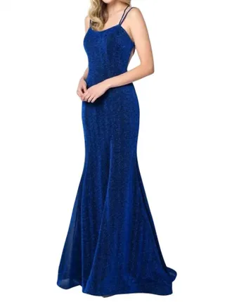 Juliet Sleeveless Metallic Glitter Gown In Royal