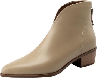 Generic Womens Pointed Closed Toe PU Leather Ankle Boots With Side Zipper Low Chunky Block Heels Smooth Texture Sturdy Outsole Soft Inner Lining,Khaki,3.5 UK