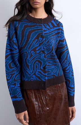 Topshop Animal Pattern Jacquard Cardigan in Blue at Nordstrom, Size X-Small