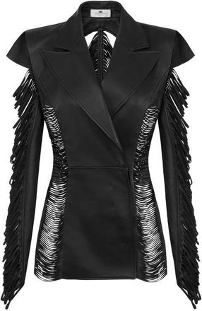 Elisabetta Franchi Jassen, Dames, Zwart, L, Leer, Nappa Leren Jas met Franjes