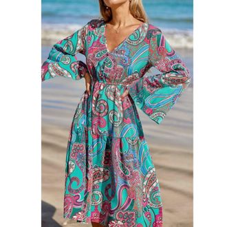 Cupshe Paisley Bell Sleeve Resort Midi Dress In Blue