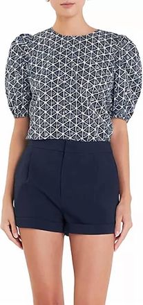 English Factory Print Puff Sleeve Top In Navy Multi