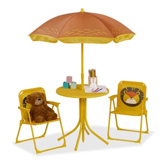 Relaxdays Relaxdays - Mobiliario Infantil Jard&iacute;n, Estampado Le&oacute;n, Sombrilla De Playa, Sillas Plegables, Mesa Para Ni&ntilde;os, Amarillo