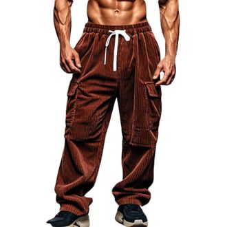Generic Corduroy Trousers Men with Pockets Elastic Waist Cargo Pants Straight Wide Leg Work Trouser Solid Colour Casual Bottoms Baggy Loose Fit Bottom Mens Lo