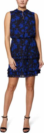 Shelli Segal Pleated Blouson Tiered Hem Chiffon Dress In Black Azure