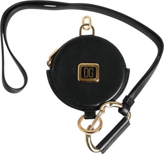 Dolce & Gabbana Mens Black Round Leather Dg Logo Coin Purse Lanyard Wallet Calf
