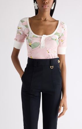 Chlo&eacute; Flamingo Print Rib Jersey Henley in Iconic Milk at Nordstrom, Size X-Small