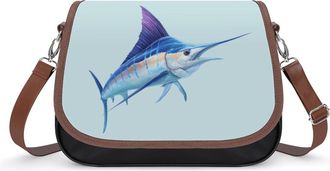Generic Blue Marlin Fishes Crossbody Bag Womens Handbag PU Message Bags Shoulder Purse with Adjustable Strap
