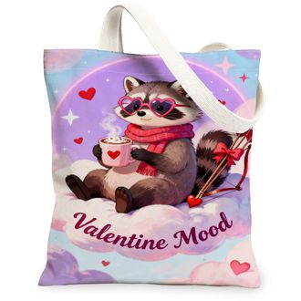 Generic ValentineS Day Animal Canvas Tote Bags, Raccoon Heart Pattern Reusable Grocery Bags, Lightweight Washable Shoulder Strap F, Peach, 13x15 Inch