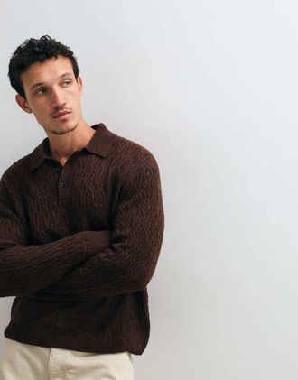 AllSaints Cyclone - Polo a maniche lunghe in maglia di lana merino marrone