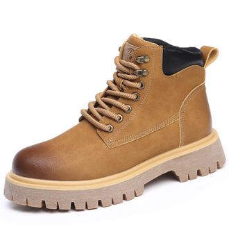 Generic Mens Lace Up Outdoor Boots Block Heel Platform Ankle Boots Round Toe PU Leather Casual Boot,Camel Velvet Lining,8.5 UK