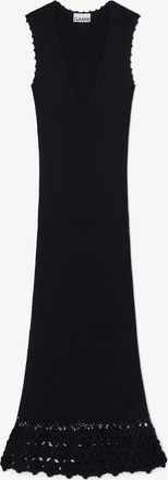 Ganni Black Long Dress in Cotton Crochet