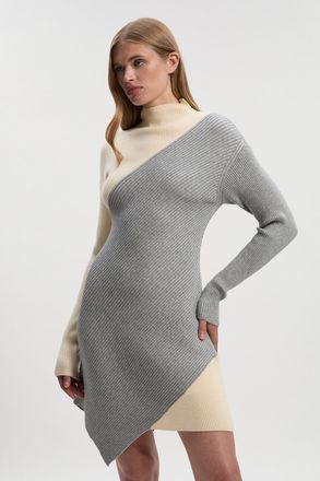 Karen Millen Womens Soft Ribbed Asymmetric Hem Knitted Dress - Cream Viscose - Size Medium