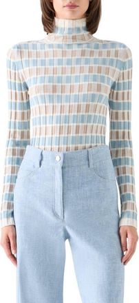 Akris Intarsia Check Wool Turtlneck Sweater in Winter White-Oat at Nordstrom, Size 10