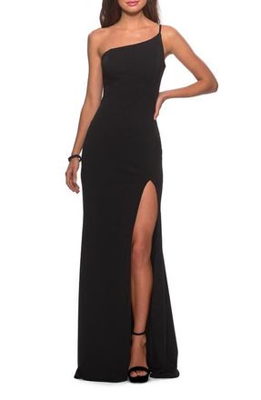 La Femme One Shoulder Long Jersey Homecoming Dress in Black at Nordstrom, Size 12