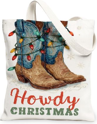 Generic Christmas Cowboy Boots Canvas Tote Bags, Festive Western Design Lightweight Washable Shoulder Strap Canvas Bags for Grocery, White, 13x15 Inch
