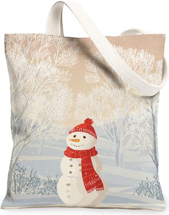Generic Winter Snow Man Canvas Tote Bags, Cute Snow Design Reusable Grocery Bags, Vintage Lightweight Washable Shoulder Strap, White, 13x15 Inch