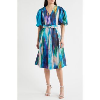 Elie Tahari Miriam Ikat Print Belted Cotton Dress in Water Canvas Print at Nordstrom Rack, Size 12