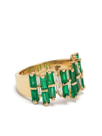 Suzanne Kalan 18kt yellow gold diamond and emerald half-band ring - Green