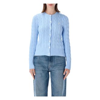 Polo Ralph Lauren Cardigans, female, Blue, Size: M Cable-Knit Cotton Crewneck Cardigan