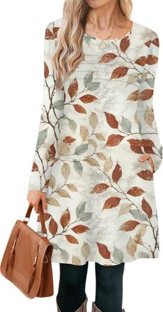 Generic Long Sleeve Tshirt Dresses for Women with Pockets Autumn Winter Casual Crew Neck Loose Vintage Graphic Printed Dress UK,Dress Maxi Wedding Guest Kimon