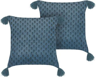 Beliani Conjunto De 2 Cojines De Terciopelo Azul Oscuro 45 X 45 Cm Bloque Impreso Ribes