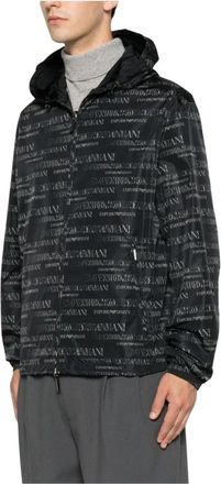 Emporio Armani All-Over Logo Print Hooded Jacket - Heren - Zomerjassen - Blauw - 2XL - Jassen