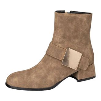 Generic Womens Casual Ankle Boots Round Toe Med Block Heel With Side Zipper And Metal Decoration Everyday Short Booties