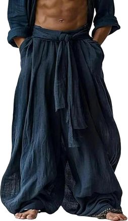 Generic Mens Baggy Casual Cotton Linen Pants Loose Straight Wide Leg Lounge Cinch Bottom Jogger Sweatpants Harem Trousers Pull On Comfy Paper Bag Work Slacks 