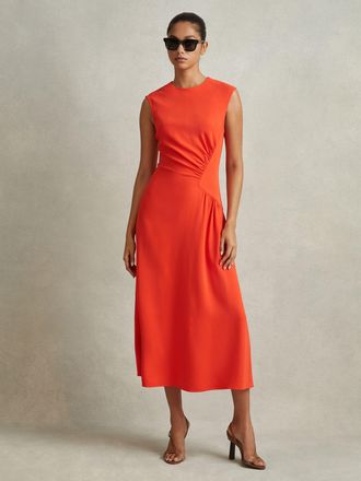 Reiss Womens Orange Ruched Midi Dress, Size: 4