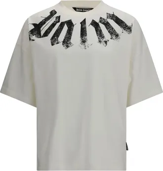 Palm Angels Off-White Big Neck Logo T-Shirt with Distressed Detailing