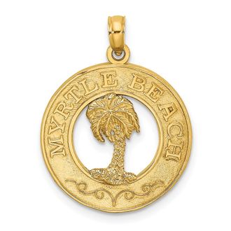 Diamond2Deal 14k Yellow Gold MYRTLE BEACH with Palm Tree Circle Charm Pendant