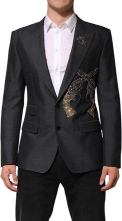 Dolce & Gabbana Mens Dark Gray Bee Embroidery Wool Coat Blazer Clothing