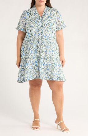 Sugarlips Kara Hilo Floral Tile Print Cotton Shift Dress in White/Blue/Green at Nordstrom, Size 1 X