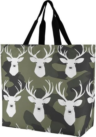 Generic Deer Camouflage Pattern Reusable Shopping Bags One Shoulder Grocery Tote Bag Waterproof Big Purse for Work Travel