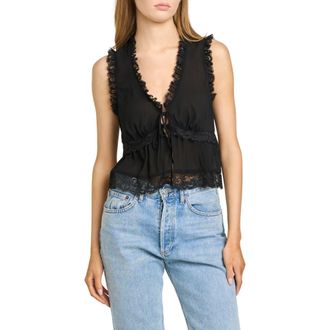 Wayf Norah Lace Trim Tie Front Top in Black at Nordstrom, Size X-Small