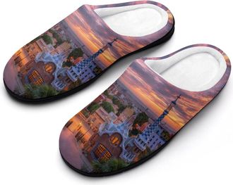 Generic Barcelona from Park Guell Sunset Mens Cozy Cotton Slippers with Memory Foam Lightweight Anti-skid House Shoes for Indoor Outdoor