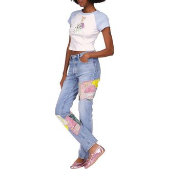 Anna Sui Micro Ribbed Raglan Baby Tee in Baby Blue/white at Nordstrom, Size Large