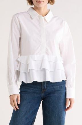 Ellen Tracy Ruffle Poplin Crop Button-Up Shirt in White at Nordstrom Rack, Size X-Large