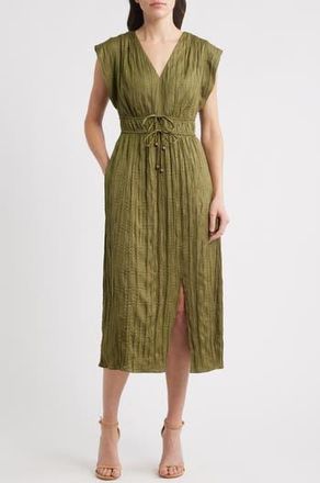 Eliza J Tie Waist V-Neck Midi Dress in Olive at Nordstrom Rack, Size 4